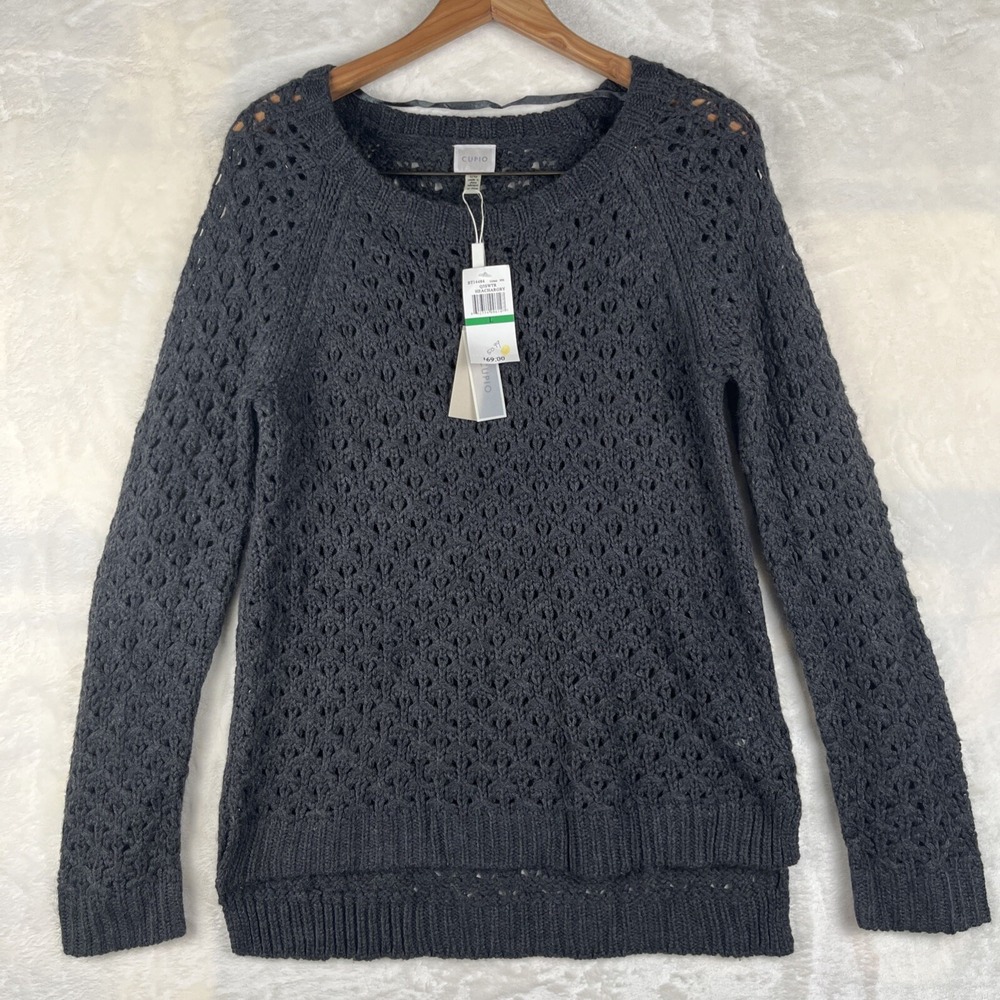 Cupio Womens Sweater Soft Cable Knit Crochet‎ Sz Large Gray Long Back Stretch